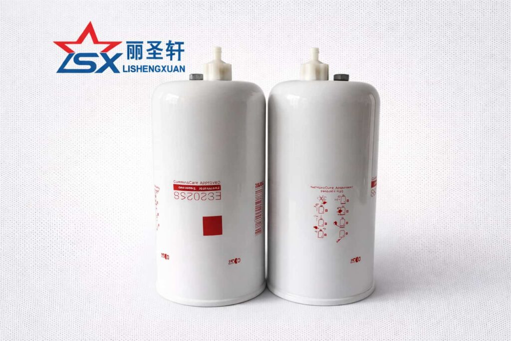 Two white fuel water separator filters with metal base and LSX logo on a light gray catalog background