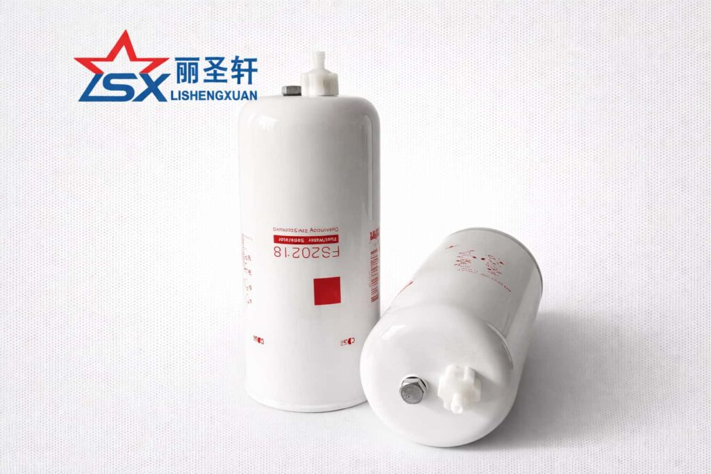 Two white fuel water separator filters with top fittings on a light gray catalog background