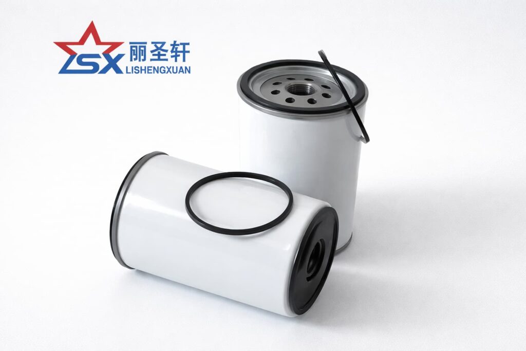 Two white spin-on fuel filters with sealing rings and LSX logo on a clean industrial catalog background