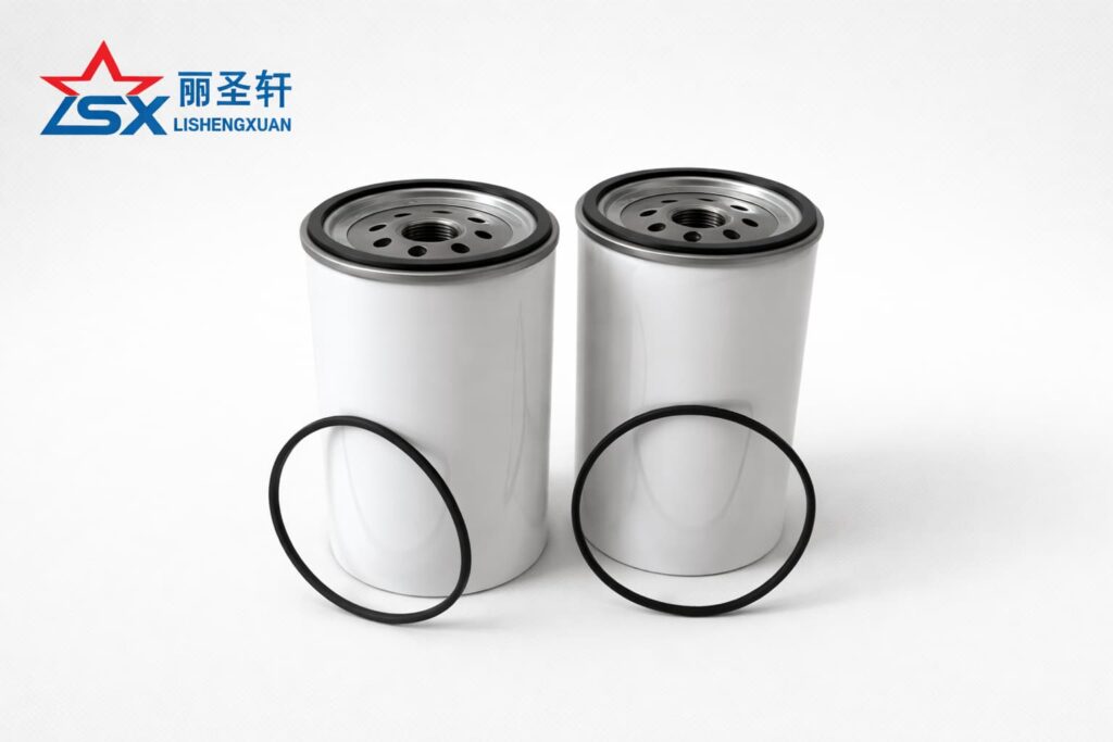 Two white spin-on fuel water separator filters with LSX logo on a light gray catalog background