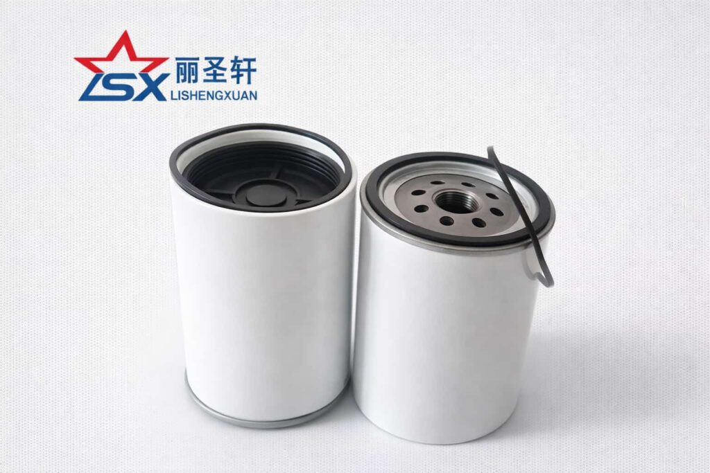 Two white spin-on fuel water separator filters with sealing rings and LSX logo on a light gray product bac