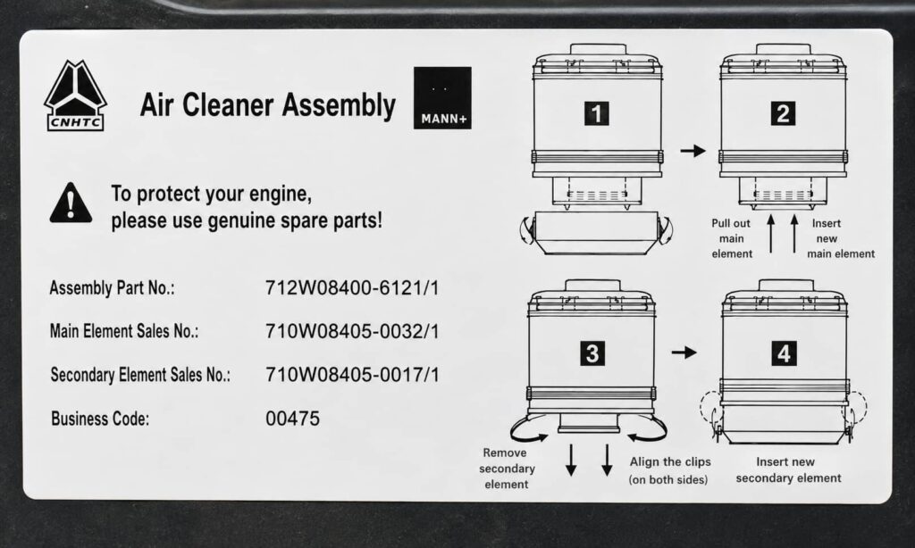 Air cleaner assembly part number label showing filter model numbers and replacement instructions