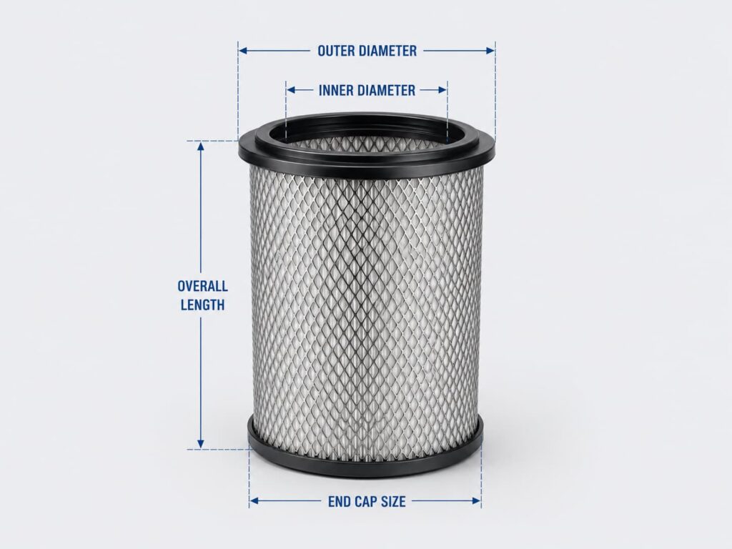 Custom filter dimensions infographic showing a cylindrical filter with labeled measurements including overall length, outer diameter, inner diameter, thread size, gasket size, and end cap size, based on sam
