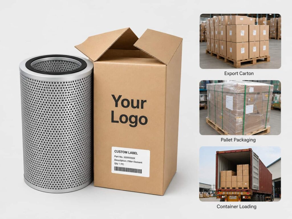 Custom filter packaging and private label support image showing an industrial filter, carton box with Your Logo, custom label, export cartons, pallet packaging, and container loading