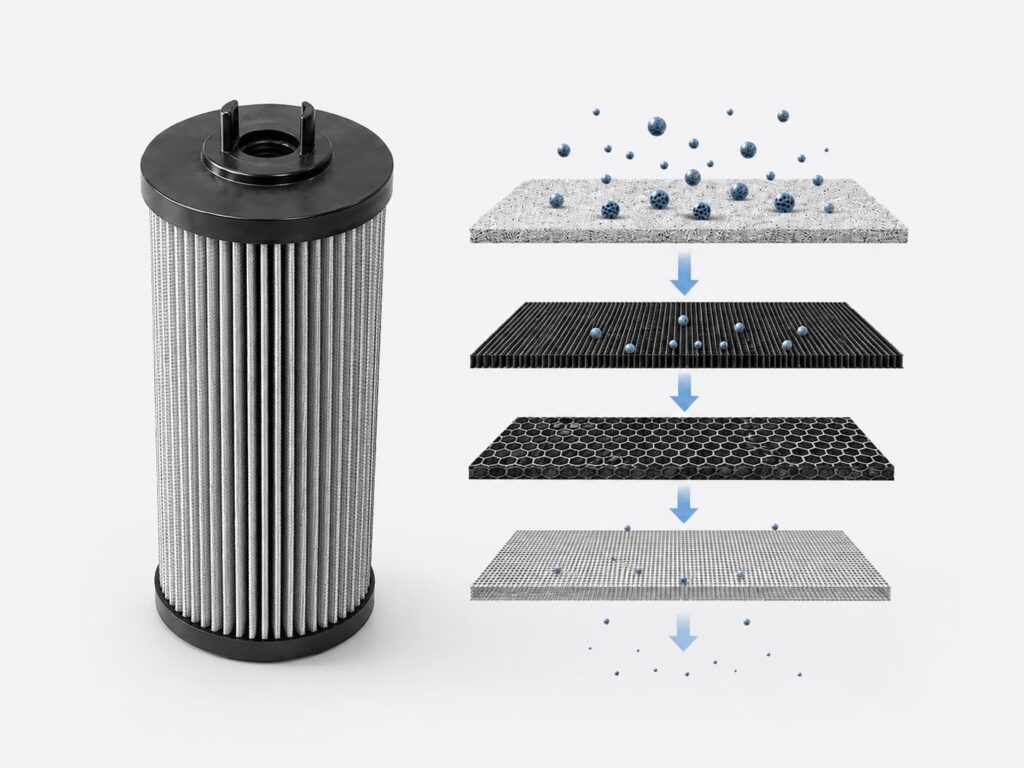 Custom micron rating infographic showing a pleated industrial filter element, a layered filtration process with particle capture, and key performance factors including micron rating, filtration efficiency,