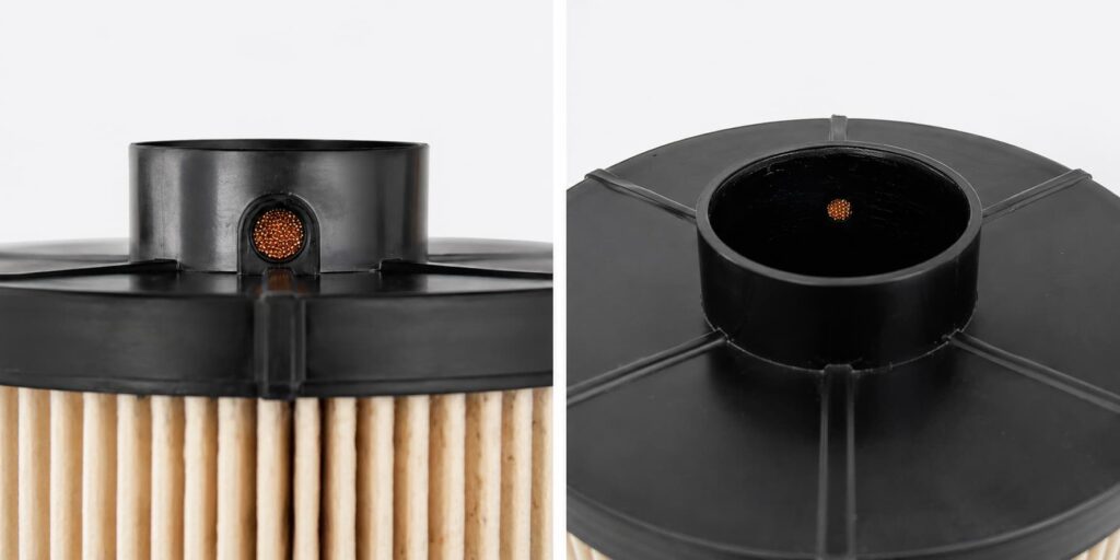 Diesel fuel filter air vent hole with copper sintered block showing external and internal views for air bleeding design
