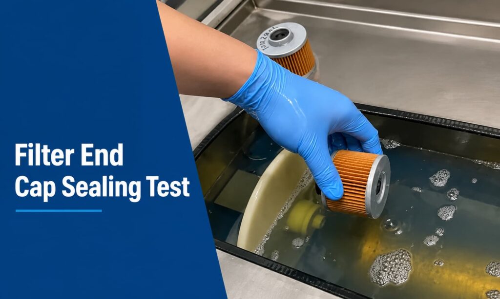 Filter end cap sealing test with oil filter element immersed in water for leakage inspection
