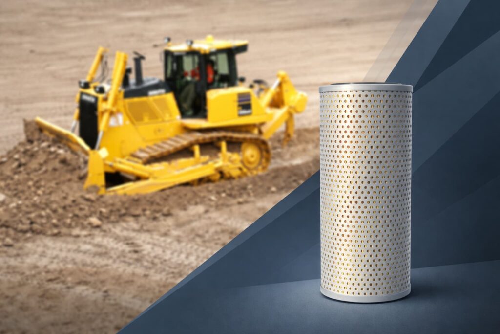 Hydraulic filter banner showing P551158 175-49-11580 HF6072 filter with Komatsu bulldozer background