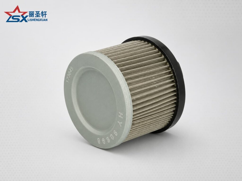 Hydraulic suction filter element for Doosan Daewoo mini excavators showing pleated media, gray end c