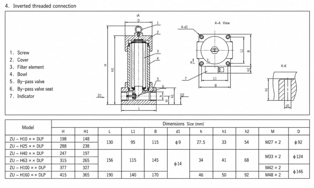 Industrial filter technical drawing with dimension table for custom filter size confirmation