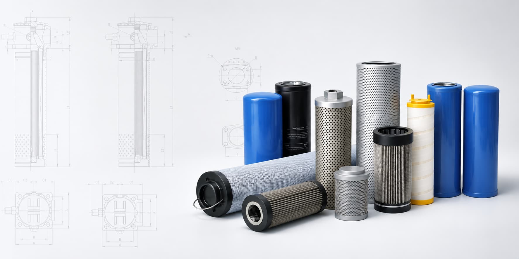 Industrial replacement filters with technical drawing background for cross reference filter development
