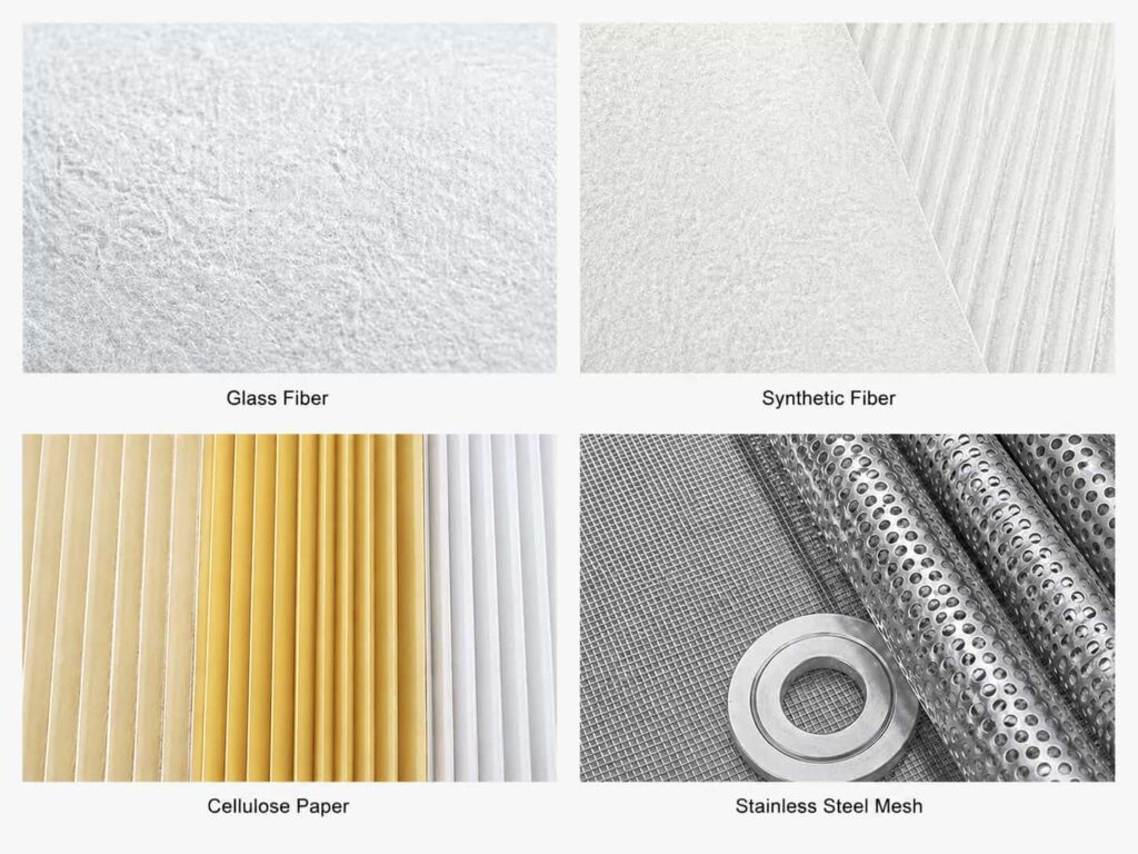 Material comparison image showing four main industrial filter media types glass fiber, synthetic fiber, cellulose paper, and stainless steel mesh