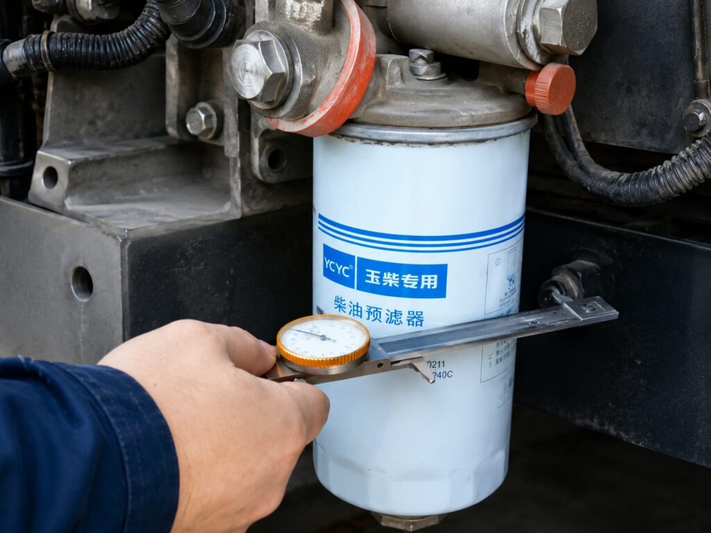 Measuring an installed diesel pre-filter with a caliper for replacement filter dimension confirmation