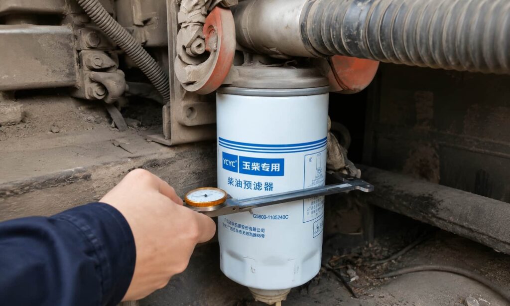 Mounted fuel filter measured on equipment to check installation fit and filter dimensions
