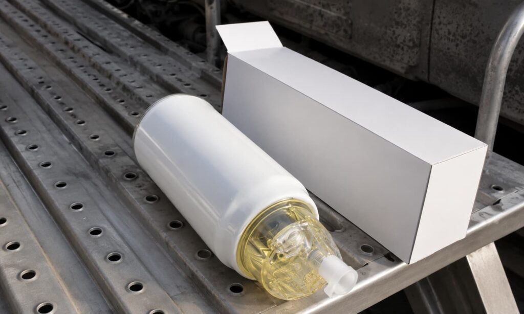 PL420 fuel water separator with plain packaging box on heavy-duty truck platform for diesel filter replacement