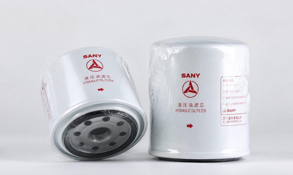 SANY excavator diesel filter and oil filter product comparison on clean white background