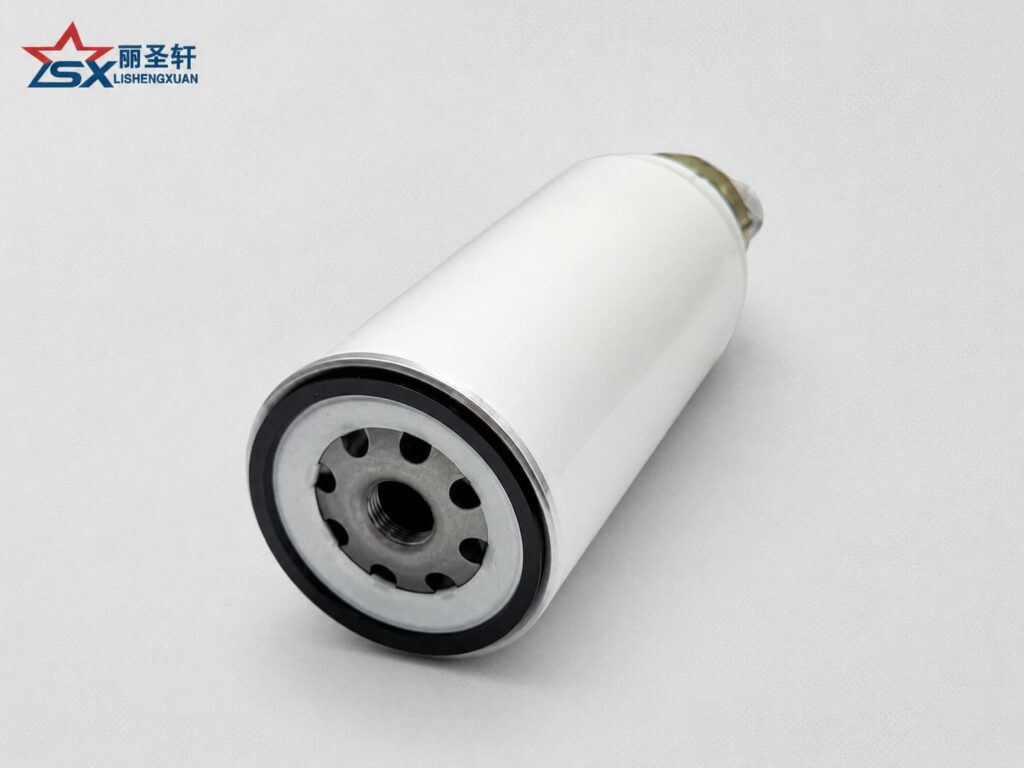 Spin-on fuel water separator PL420 with white filter body and metal threaded base for diesel equipment