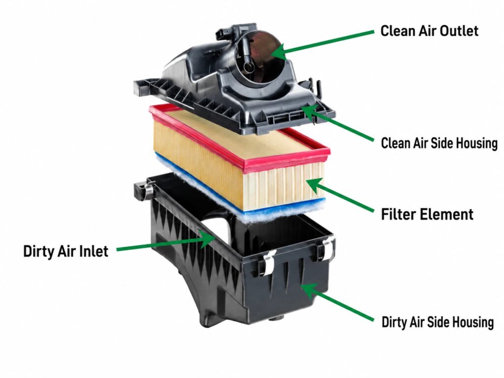 Air filter structure diagram showing clean air outlet, dirty air inlet, filter element, clean air side housing, and dirty air side housing.