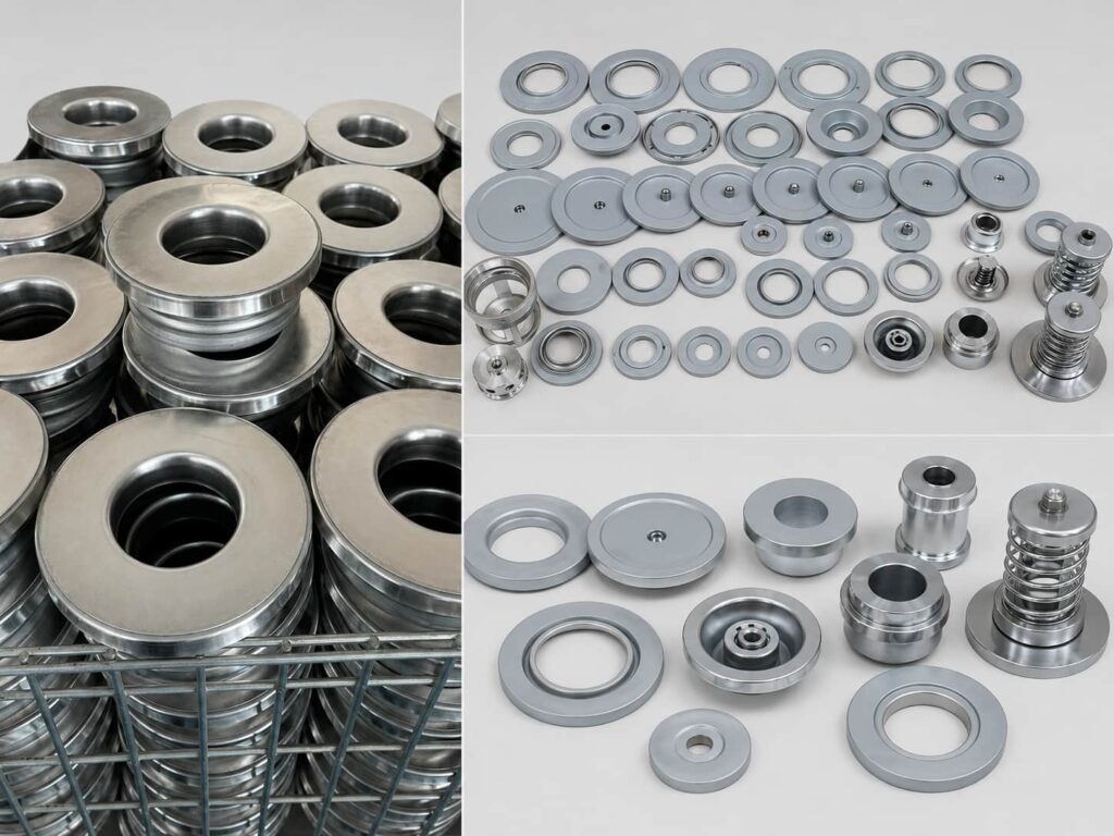 Collage of industrial filter element end caps showing multiple metal end cap types, sizes, and machined structures for custom replacement filter production.