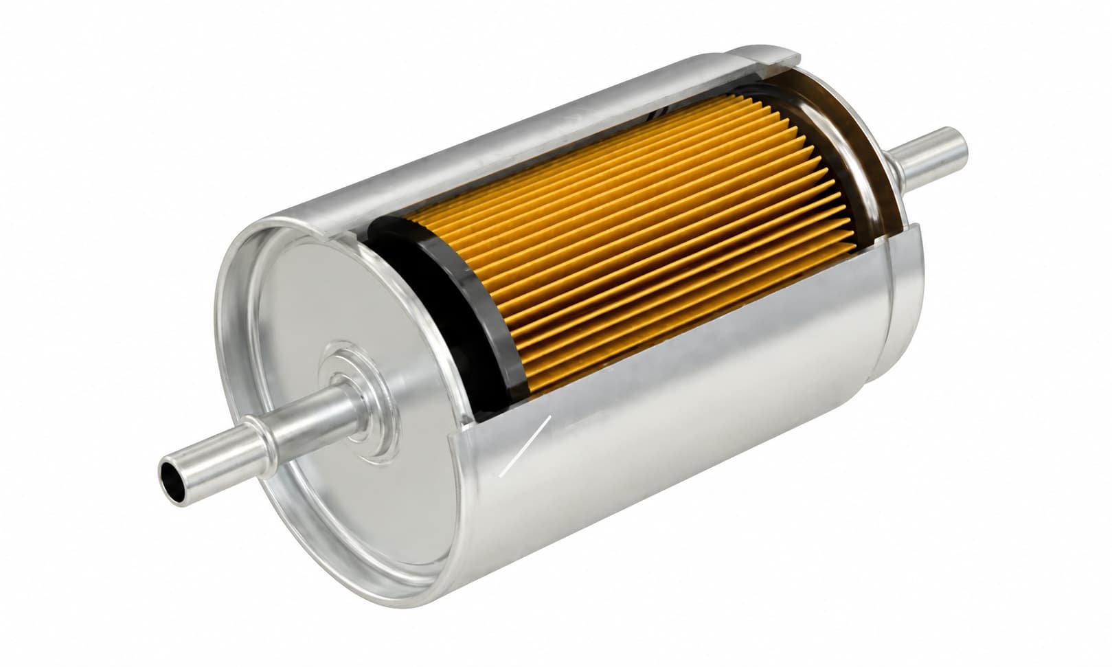 Cutaway view of a metal fuel filter showing the internal pleated filter media and inlet outlet ports