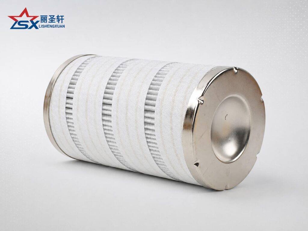Horizontal hydraulic oil filter cartridge with fiberglass media and metal end caps for aftermarket supply