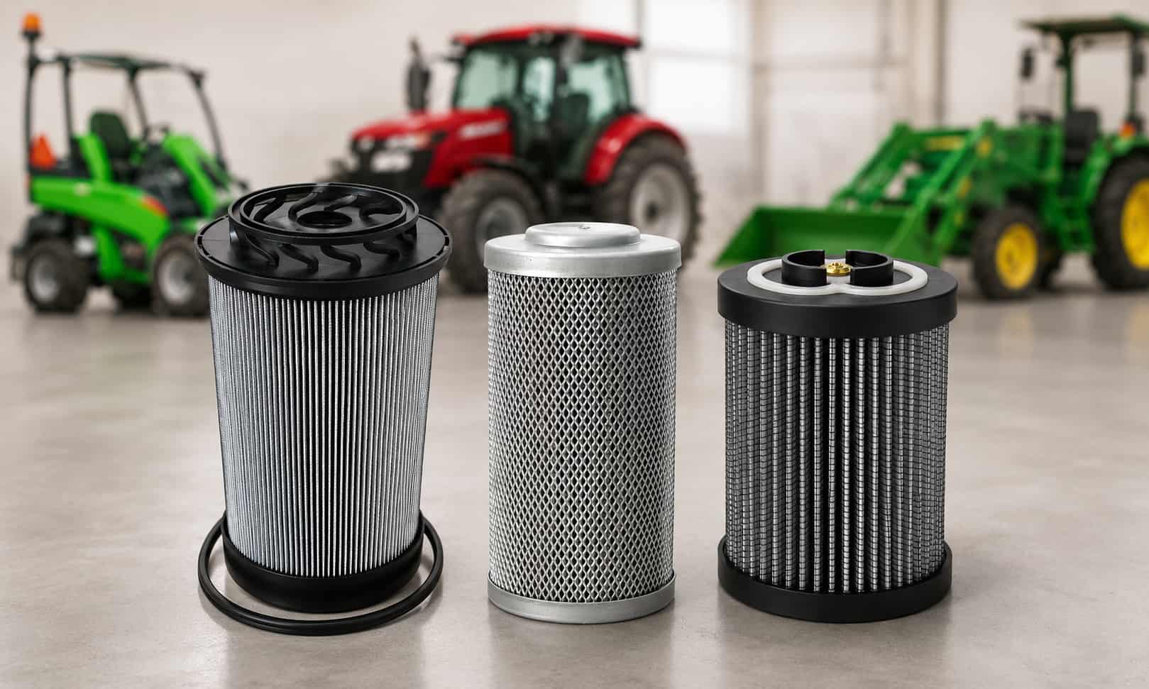 Hydraulic filter elements for agricultural machinery with tractors and farm loaders in the background.
