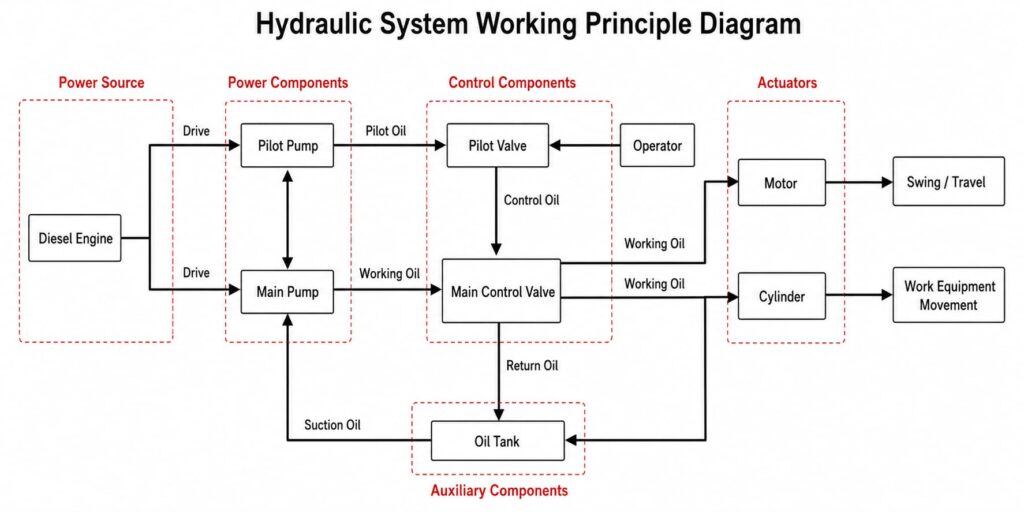 Hydraulic system working principle diagram showing diesel engine, pilot pump, main pump, pilot valve, main control valve, oil tank, motor and cylinder flow relationships