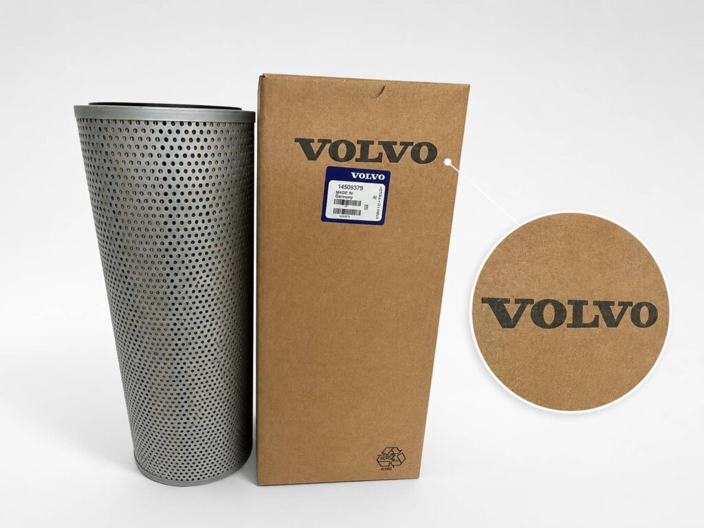 Industrial filter element beside a branded paper box with an enlarged logo detail for custom private label packaging.