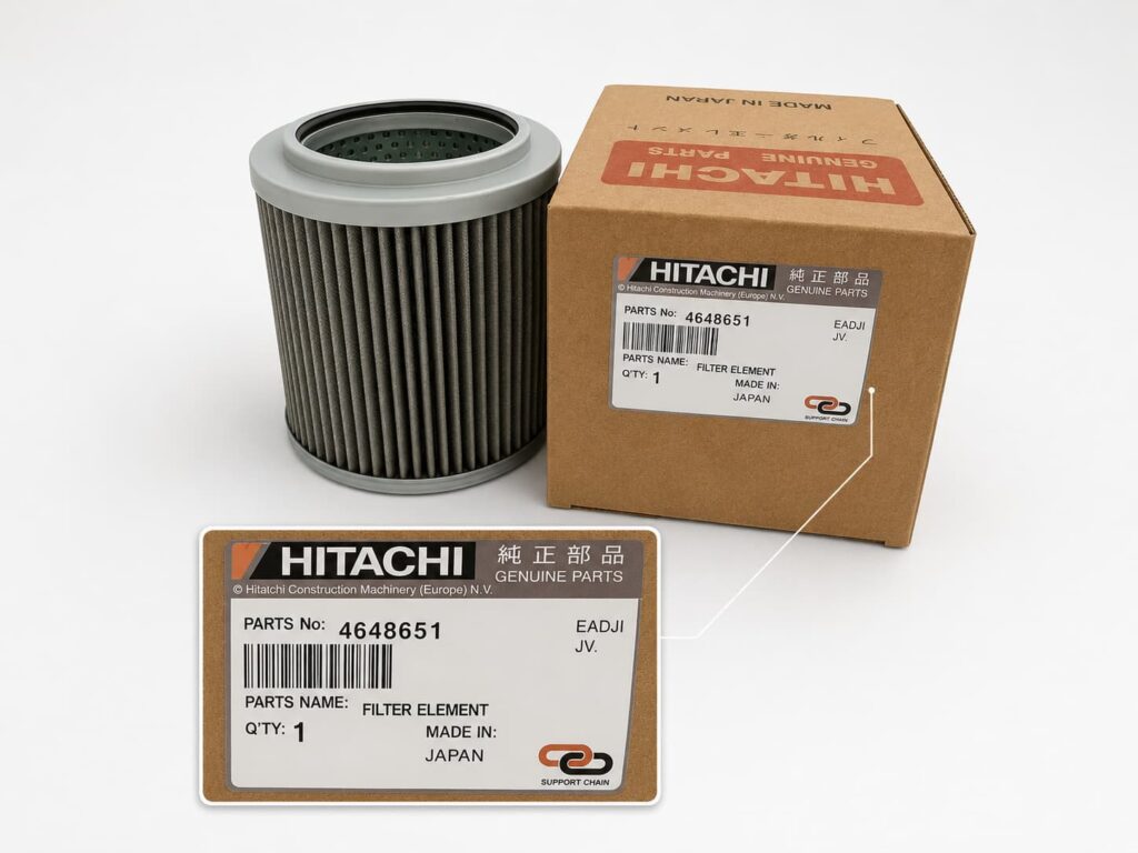 Industrial filter element beside a paper box with an enlarged product label showing part number and packaging identification details.