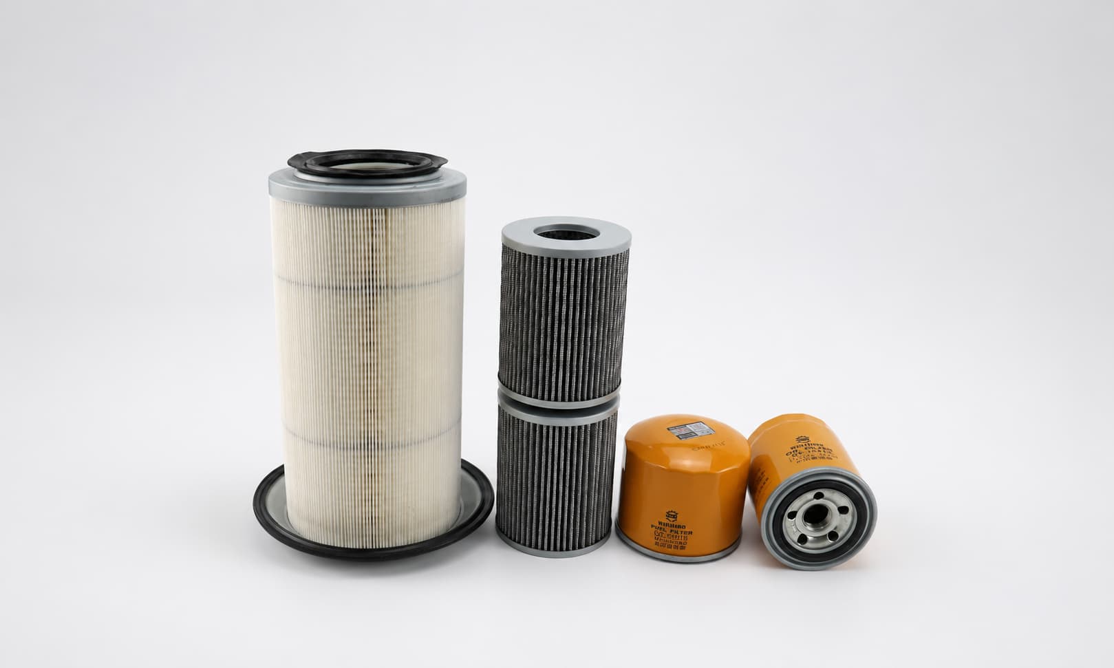 Industrial filter element construction comparison with air filter, hydraulic filter element, and spin-on oil filters for replacement filter support.