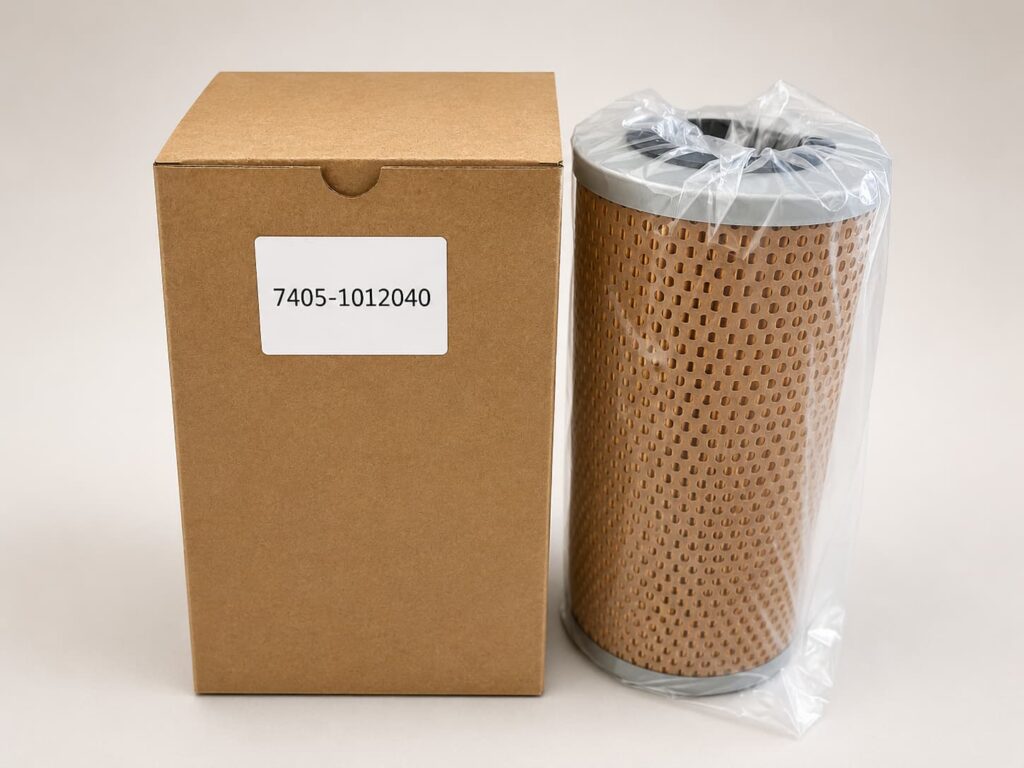 Industrial filter element covered with a transparent plastic bag for dust protection beside a labeled paper box.