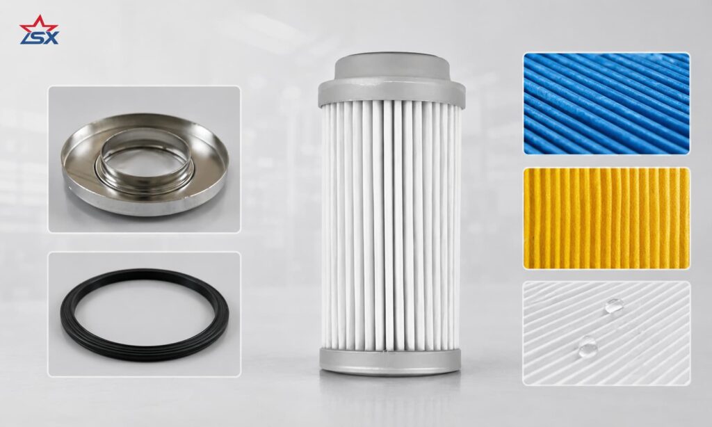 Industrial filter element material overview with pleated filter media, metal end cap, rubber seal, and filter material samples for custom replacement filters.
