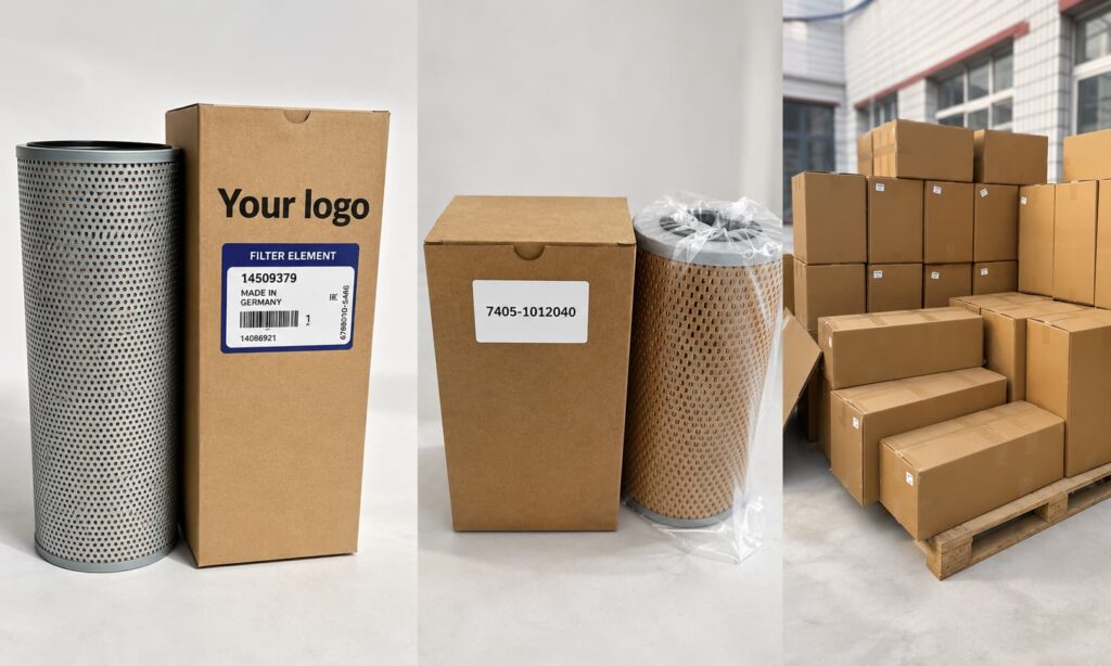 Industrial filter packaging hero image showing a filter element with a custom logo box, a labeled box with a bag-protected filter, and stacked master cartons prepared for bulk shipment.