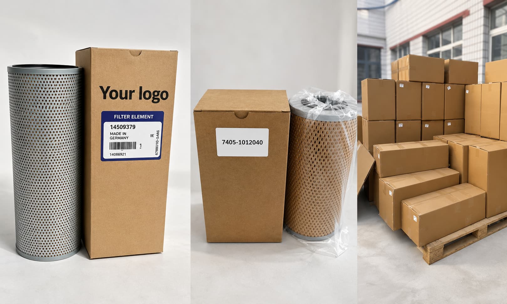 Industrial filter packaging hero image showing a filter element with a custom logo box, a labeled box with a bag-protected filter, and stacked master cartons prepared for bulk shipment.