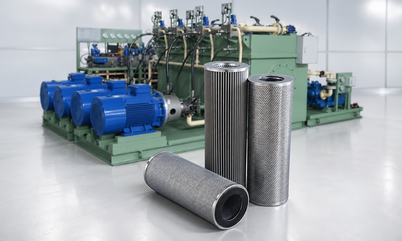 Industrial hydraulic filter elements for replacement with a hydraulic power unit system in the background.