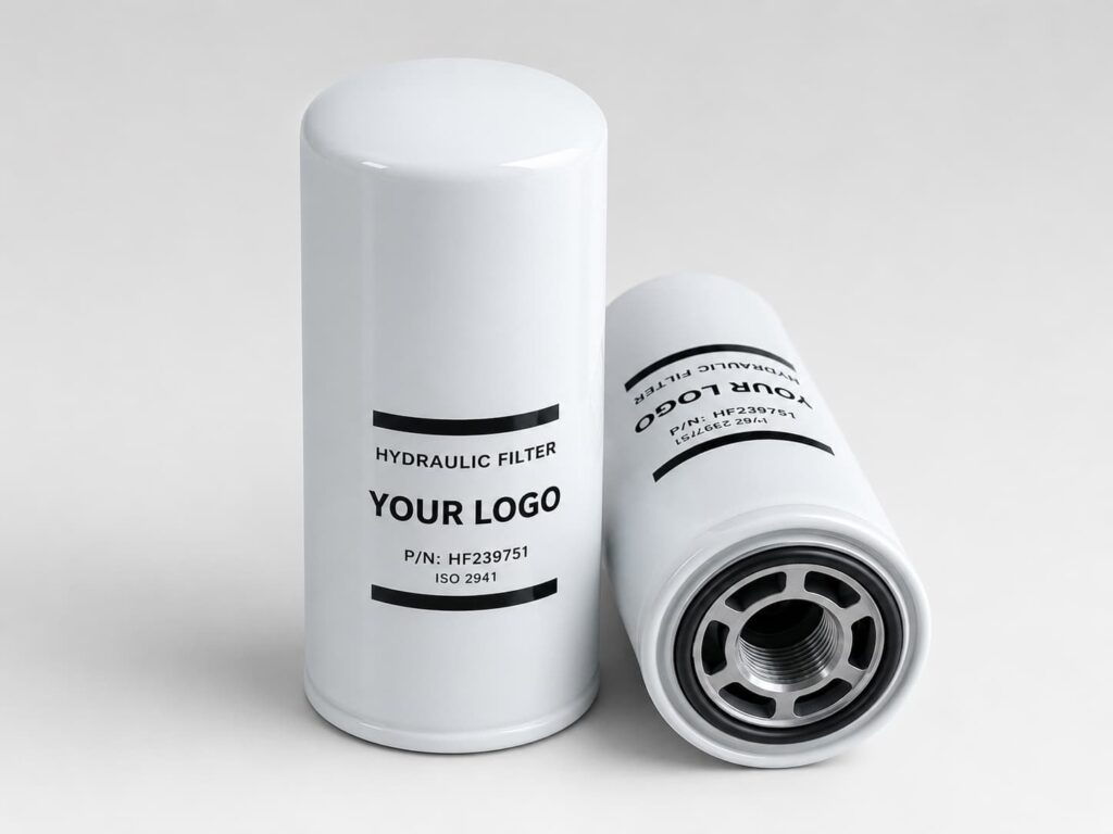 Metal shell hydraulic filters with custom body logo printing and part number marking for private label filter supply.