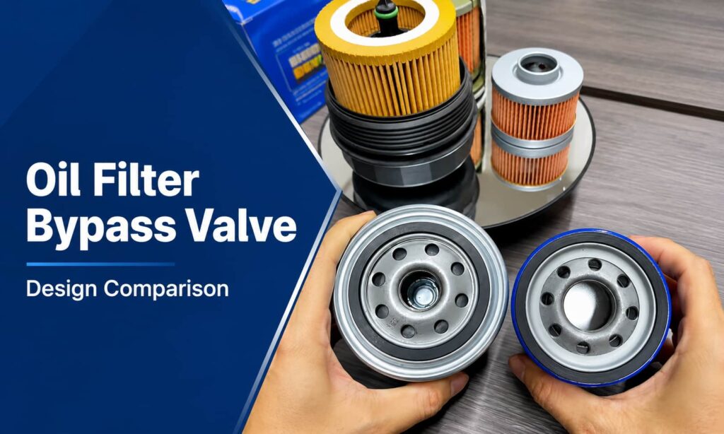 Oil filter bypass valve design comparison showing different filter base structures and filter elements.