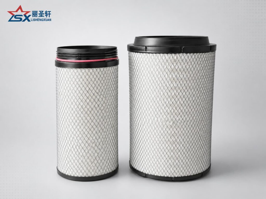 Pair of heavy-duty truck air filter elements with diamond mesh outer protection for engine intake filtration