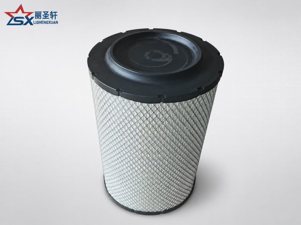 Single cylindrical truck air filter element with black end cap and metal mesh for Howo and Delong replacement