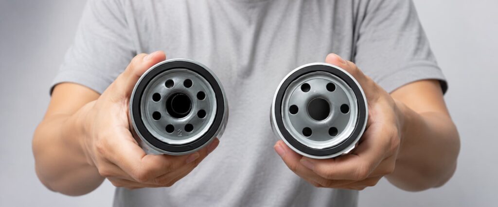 Spin-on oil filters with similar mounting size but different inlet hole designs for replacement comparison.