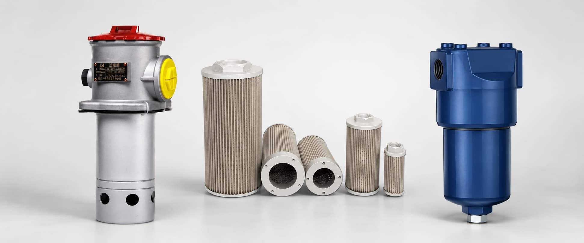 Suction filter, pleated hydraulic filter elements, and blue pressure line filter housing displayed together for hydraulic filter type comparison