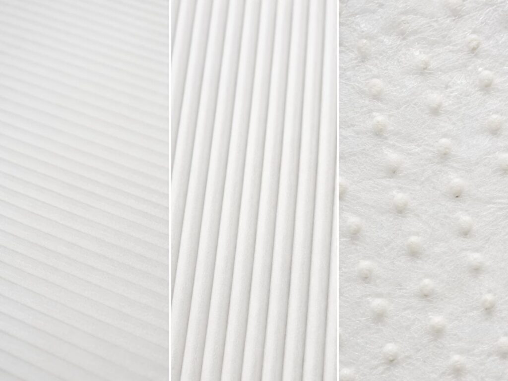 Three close-up filter media samples showing pleated and nonwoven materials for industrial filter element media selection.