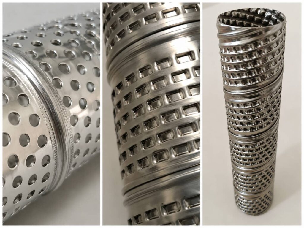 Three close-up views of perforated metal support tubes and stainless steel inner core structures used in industrial filter elements.
