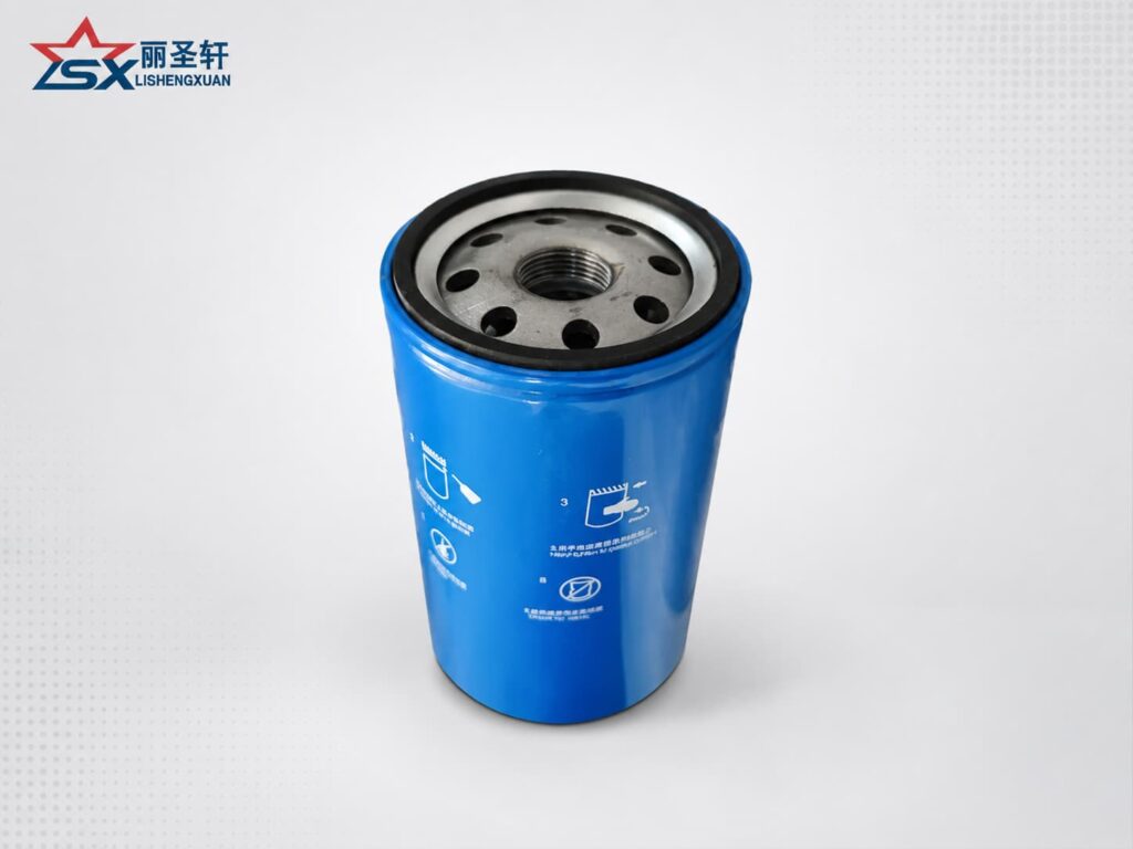 Blue engine oil filter cartridge showing sealing gasket and threaded plate structure for aftermarket replacement