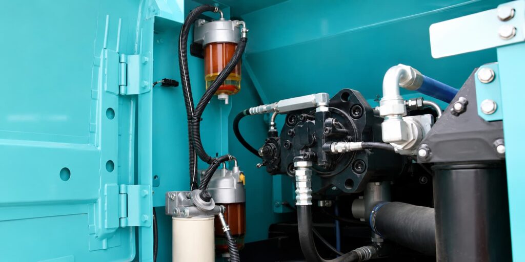Excavator hydraulic system compartment showing fuel filters, hydraulic pump, hoses and filter components during maintenance inspection