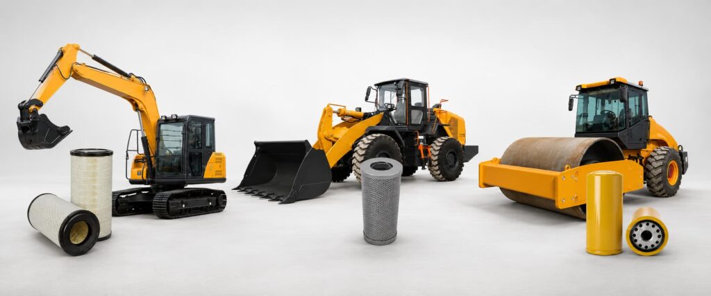 Excavator, wheel loader, and road roller with corresponding air, hydraulic, and oil filters for construction equipment maintenance
