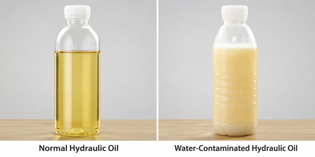 Hydraulic oil contamination comparison showing normal clean oil versus water-contaminated emulsified hydraulic oil