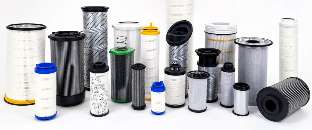 Industrial filter cartridges including hydraulic, air, oil, and fuel filter elements in different sizes and structures for heavy equipment systems